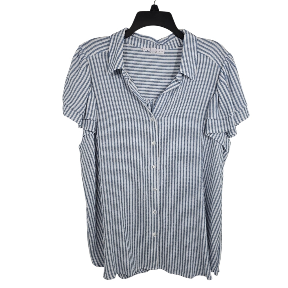 {Jane + Delancy} Women's Blue and White Striped Ruffled Sleeves Buttoned Top